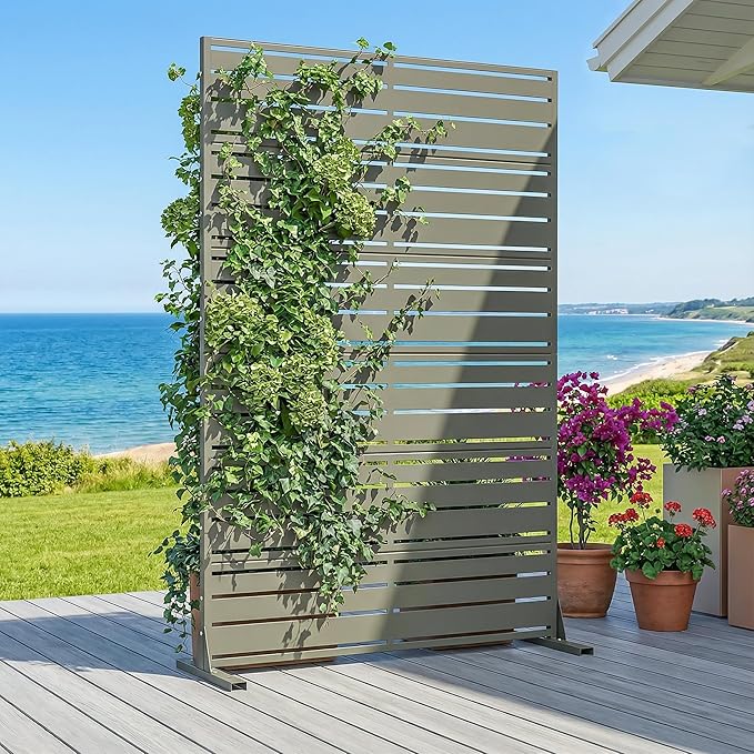 Casaphoria Metal Privacy Screen Outdoor, 72" H x 47" W Freestanding Decorative Privacy Screen for Patio Deck Balcony Garden with Stable Base, Grey-Benjamin