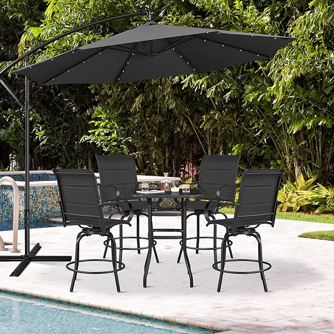 Yaheetech 4 Piece Patio Swivel Bar Stools, Texteline Outdoor Chairs with High Back/Armrest/Footrest, All Weather Padded Seating Outdoor Furniture Height for Outside, Lawn & Garden