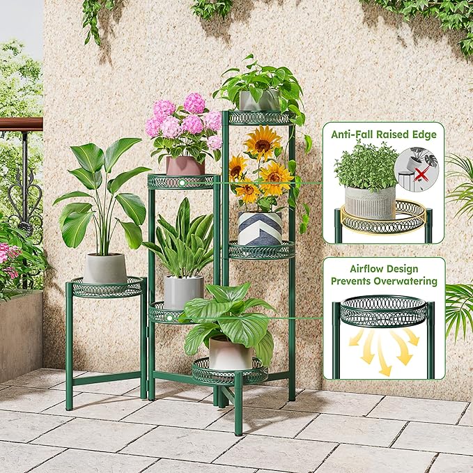 Metal Plant Stands Indoor Outdoor, 6 Tier Plant Stand Corner Plant Shelf, Folding Tall Plant Rack, Heavy Duty Iron Flower Display Holder Stand for Living Room Patio Porch Balcony - GreenFlower