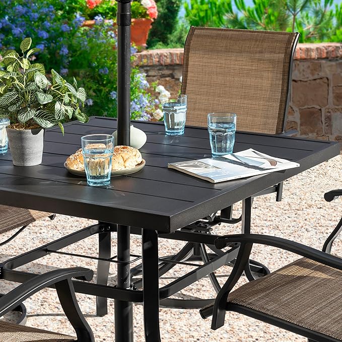 NUU GARDEN Outdoor Patio Dining Set, 4 Swivel Textilene Dining Chairs and 37" Square Dining Table with 1.57'' Umbrella Hole, Powder Coated Iron Frame, for Patio, Garden, Backyard, Black and Brown