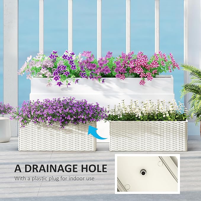 Outsunny Railing Planter Box (2 Pack, 20 Inch), Hanging Flower Pots with Hooks, Drainage Holes for Fence, Balcony, Garden, Patio, Rattan Look, White