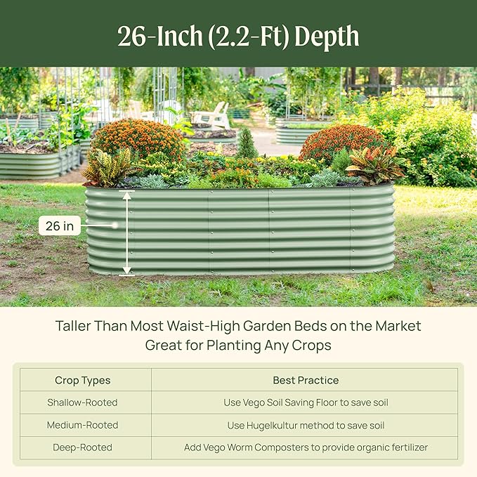 Vego garden 26" Extra Tall Raised Garden Bed Kits, 9 in 1 Modular Raised Planter Box for Vegetables Flowers Fruits Oval Metal Raised Garden-Olive Green