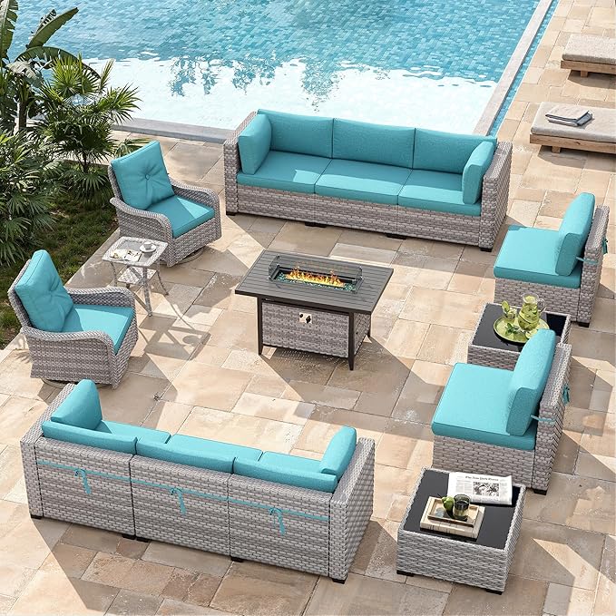 10-Seat Outdoor Wicker Patio Furniture Set with Fire Pit Table, Modular Rattan Sectional Sofa & 2 Swivel Rocking Chairs, 4" Thick Cushions, Rust-Resistant Frame,Blue