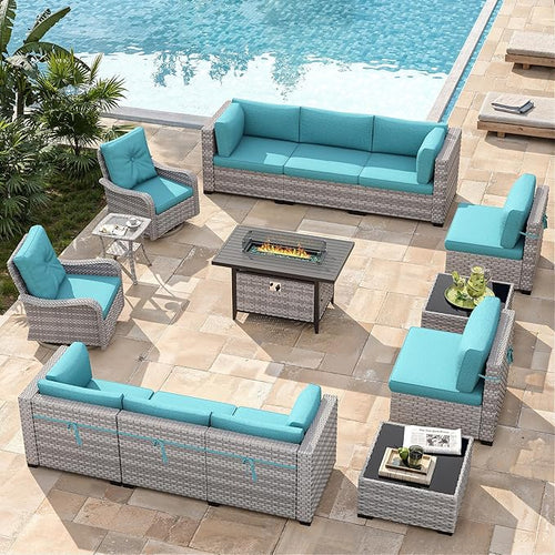 10-Seat Outdoor Wicker Patio Furniture Set with Fire Pit Table, Modular Rattan Sectional Sofa & 2 Swivel Rocking Chairs, 4" Thick Cushions, Rust-Resistant Frame,Blue