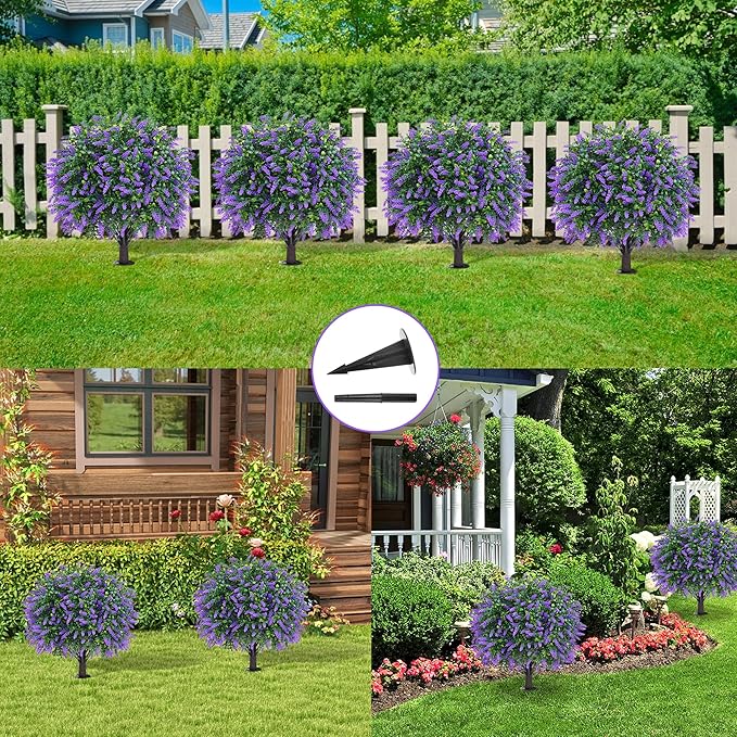 Artificial Boxwood Topiary Ball with Lavender, Set of 2 Artificial Shrub Bushes with Ground Spike, UV Resistant Fake Evergreen Plant Tree for Porch Outdoor Planters Indoor Valentine's Day