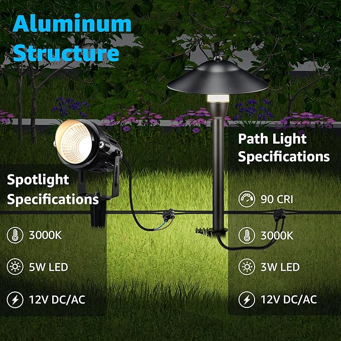 SUNVIE LED Low Voltage Landscape Lighting 12-24V Landscape Lighting Kit with Connectors Aluminum Pathway Lights Wired with Spotlights 3000K Outdoor Pathway Lights Low Voltage for Yard Garden, 6 Pack