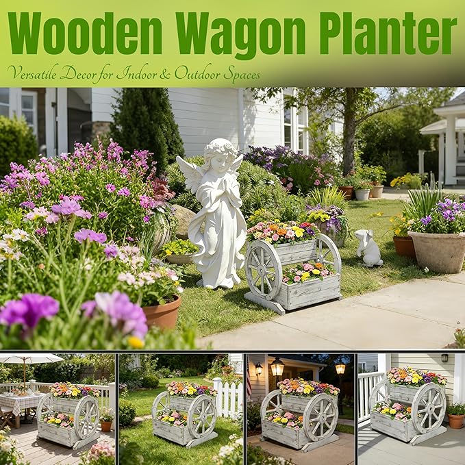 NestNature Wooden Wagon Planter Box,Raised Garden Bed,Decorative Garden Planters with Wheels-Outside Flower Pots for Indoor/Outdoor Décor Plants (Antique White)