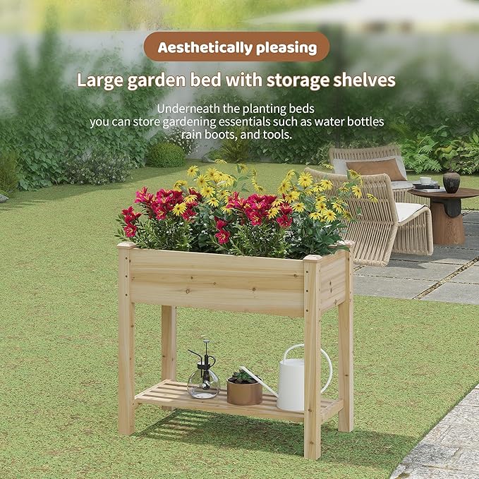 FILWH Raised Garden Bed with Legs Elevated Wooden Planter Box Stand Large Planter Stand Box for Fruits Vegetables Flowers with Divider with Bag - 34x18x30.5IN