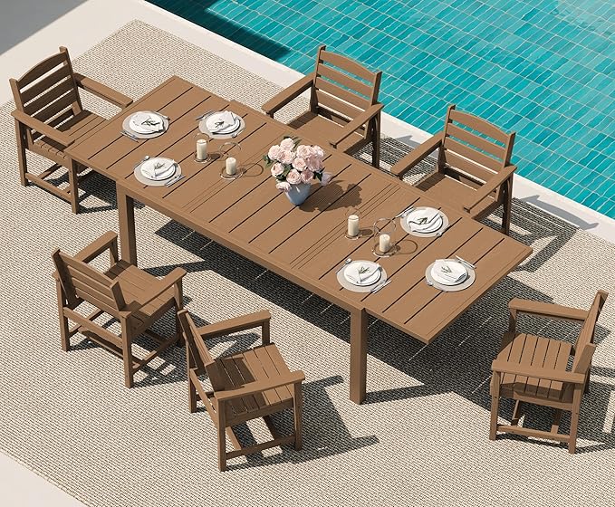 SERWALL 7-Piece Patio Dining Sets, 60" - 83" Expandable Outdoor Dining Table and 6 HDPE Chairs, All Weather HDPE Outdoor Furniture Set for Backyard, Garden, Brown