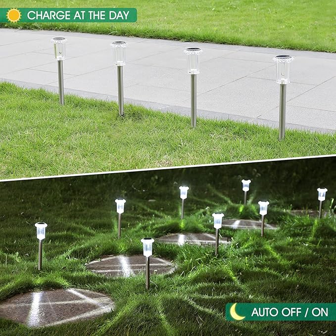 Solar Lights Outdoor, 15 Pack Waterproof Stainless Steel Solar Stake Lights for Pathway Garden Yard Path Walkway Driveway Lawn Patio Outside Decor, Cool White