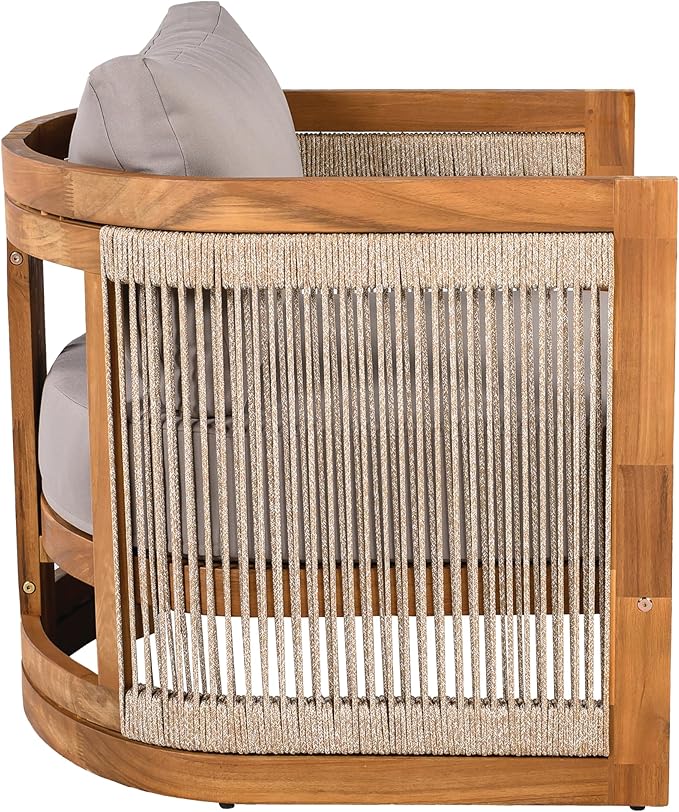 Merax 4-Piece Patio Premium Acacia Wood Outdoor Furniture Set,All Weather Curved Tub Design with Woven Rope Accents Loveseat Chairs and Table for Backyard, Balcony and Deck,Teak+Grey