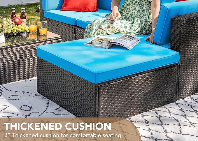 Devoko 5 Pieces Patio Furniture Sets All Weather Outdoor Sectional Patio Sofa Manual Weaving Wicker Rattan Patio Seating Sofas with Cushion and Glass Table (Blue)