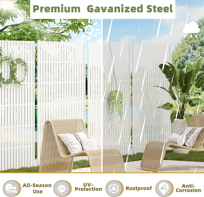 Casaphoria Metal Privacy Screen Outdoor, 72" H x 47" W Freestanding Decorative Privacy Screen for Patio Deck Balcony Garden with Stable Base, White-Fence