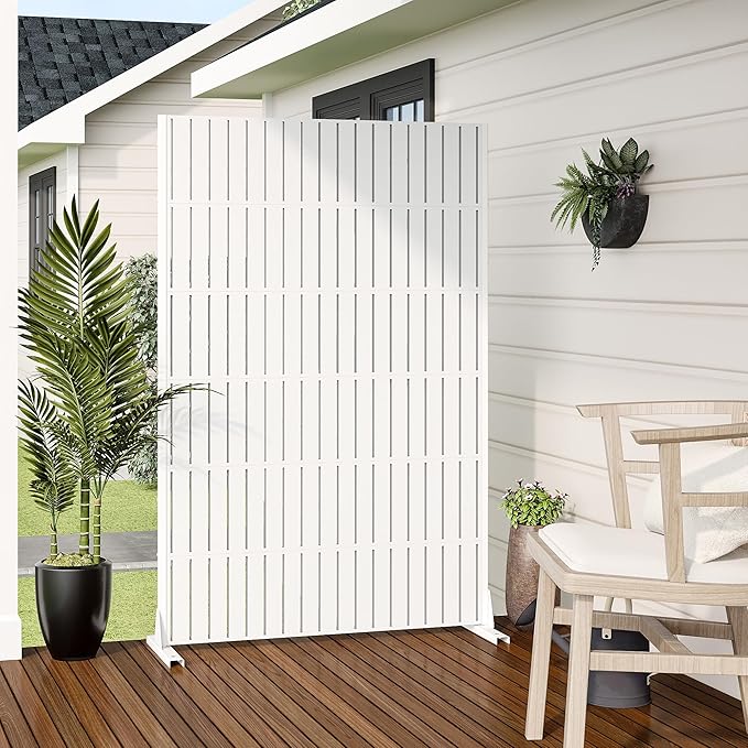 Casaphoria Metal Privacy Screen Outdoor, 72" H x 47" W Freestanding Decorative Privacy Screen for Patio Deck Balcony Garden with Stable Base, White-Fence