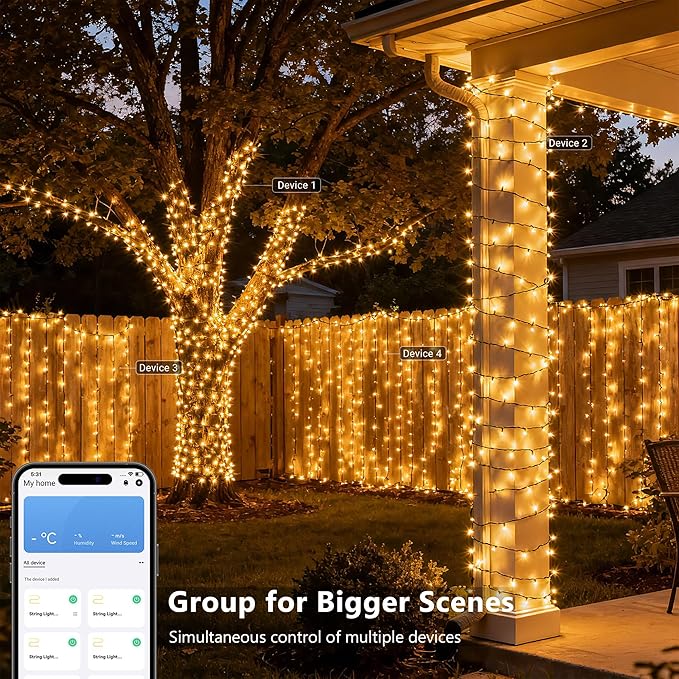 Brizled Smart String Lights, 65.61ft 200 LED Christmas Lights with APP & Voice Control, WiFi Christmas Fairy Light Warm White Music Sync Xmas Tree Lighting Green Wire for Home Xmas Tree Party Decor