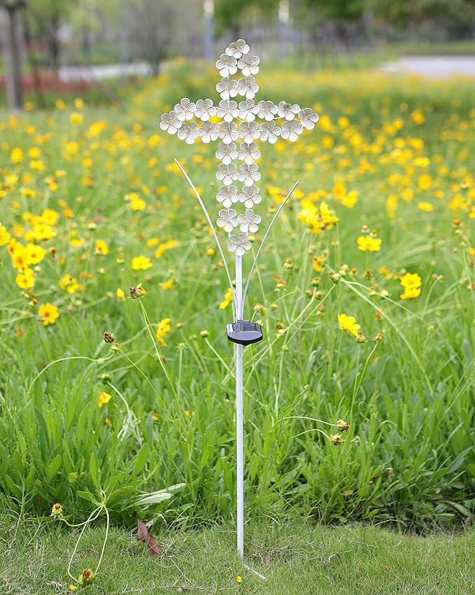White Cross Garden Stake Solar Lights Metal Hydrangea Cross Stake Memorial Gift w/ 28 LEDs Perfect Sympathy Gifts (10" W x 40" H)