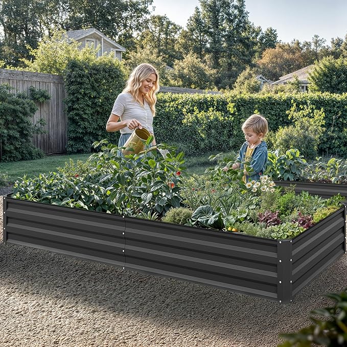 YITAHOME 96x48x12 in 2pcs Galvanized Raised Garden Bed Kit, Large Metal Planter Box with Gloves, Safety Rubber & Support Rod, Outdoor Flower Bed for Plants Vegetables, Black