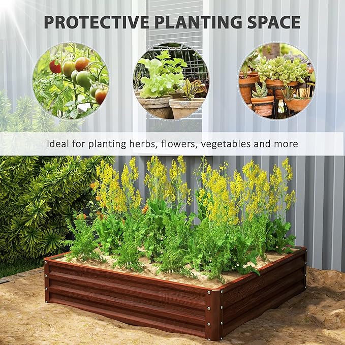 Outsunny Galvanized Raised Garden Bed, 4' x 4' x 1' Metal Planter Box, for Growing Vegetables, Flowers, Herbs, Succulents, Natural Wood