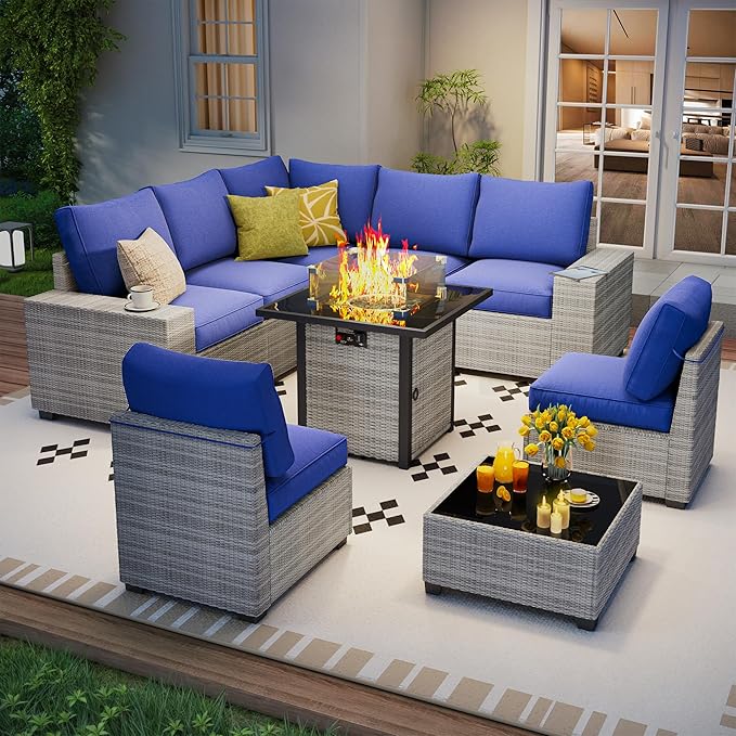 9 Piece Outdoor Patio Furniture Set with 28'' Fire Pit Table, Outdoor Sectional Furniture, Rattan & Wicker Modern Modular Conversation Set Sofa Couch W/Water Resistant Washable Thick Cushions, Blue