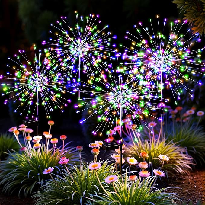 Solar Lights Outdoor, 120LED 4pack Fairy Garden Lights Decor for Outside Fireworks Lights Solar Powered for Yard, Patio, Pathway, Walkway, Balcony,Multicolor