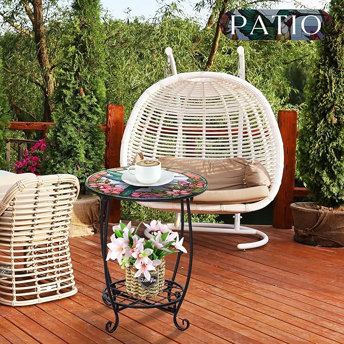 Outdoor Side Table Round Small Mosaic Patio Accent Indoor End Plant Coffee Tea Table for Yard Patio Porch Garden Living Room, Bedroom(Hummingbird Style,18 Inch)