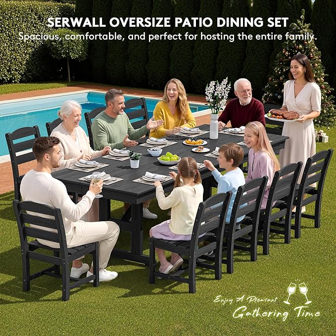 SERWALL Outdoor Dining Chairs Set of 4, All-Weather HDPE Patio Chair with 19.7" Widened Seat, for Backyard, Garden, Black