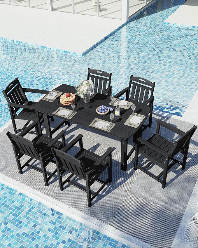 Ciokea HDPE Outdoor Dining Set, 7-Piece Patio Table and Chairs Set with Umbrella Hole, All-Weather Patio Dining Sets for 6, Durable Patio Furniture for Backyard, Garden, Lawn & Poolside, Black
