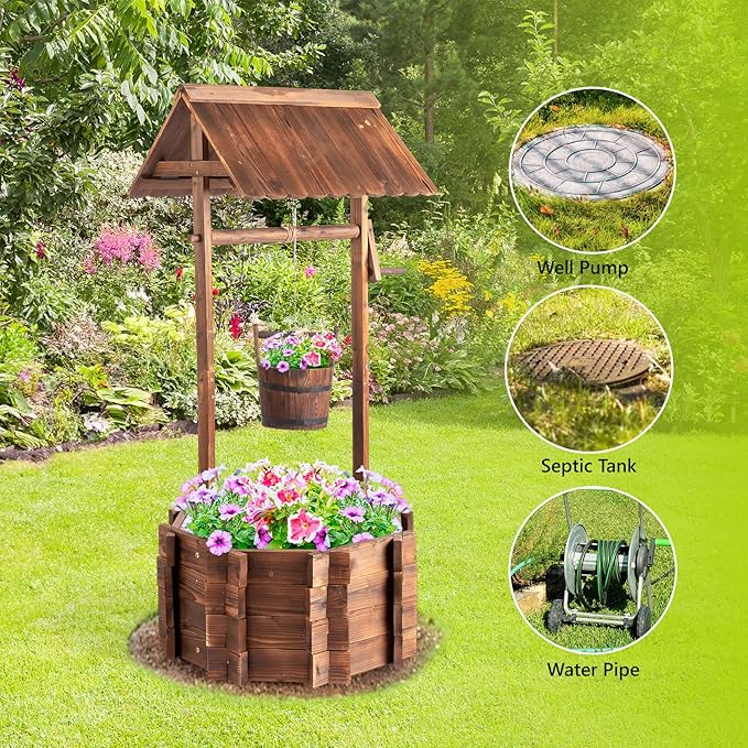 VINGLI Wooden Wishing Well Outdoor Planters, Well Covers for Yard with 2 Reinforced Rods, Height Adjustable Hanging Bucket, Rustic Flower Pot Home Decor for Outside Patio Garden