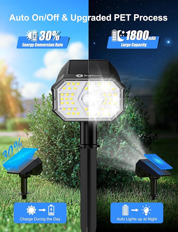 Brightown 4 Pack Solar Motion Lights Outdoor Waterproof, Motion Sensor Spot Lights- 58 LED/3 Modes Solar Powered Spotlights 2-in-1 Auto On/Off for Outside Yard Wall Garden, Cool White