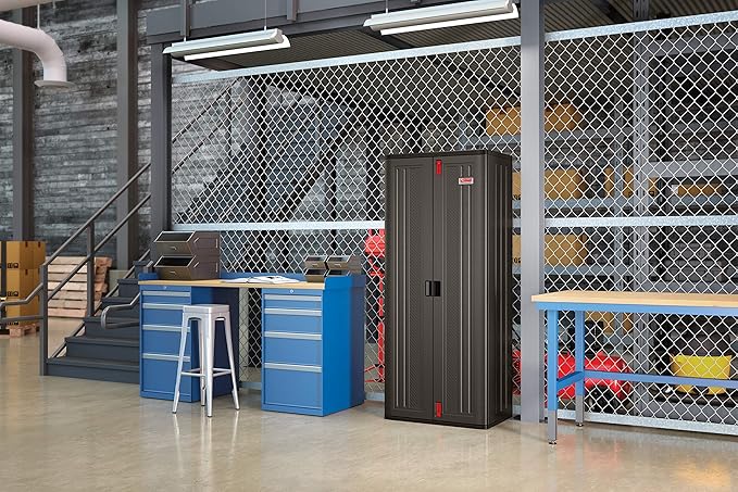 Suncast 19 Cubic Ft. Heavy-Duty Resin Cabinet with Lockable Handles, Multi-Wall Construction, and Metal-Reinforced Shelves for Basement, Utility Room and Garage Storage, Black, Made in the USA