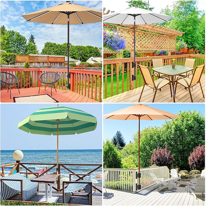 Heavy Duty Deck Railing Umbrella Holder, Patio Umbrella Stand for 1-2 Inch Poles, Space-Saving Design, Secure & Sturdy Post Flat Mount for Deck Railing, Balcony, Outdoor Courtyard, Fences