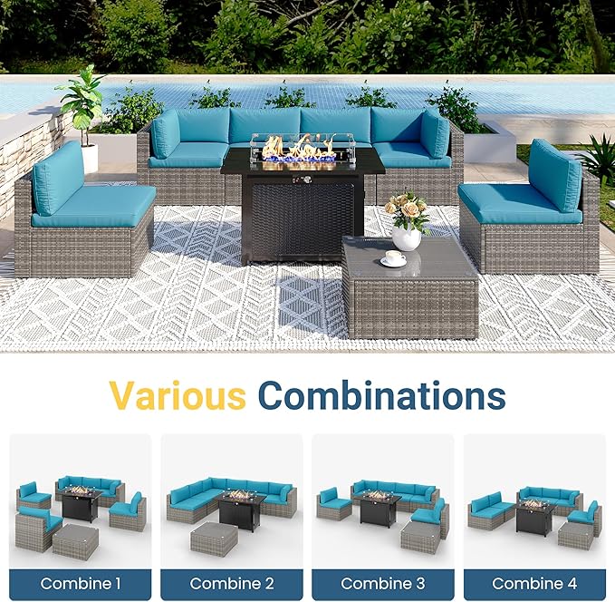 Wisteria Lane 8 Pieces Outdoor Patio Furniture Set with 43" Fire Pit Table, Wicker Outdoor Patio Sectional Sofas with Coffee Table, All-Weather Patio Conversation Set for Backyard Garden, Light Blue
