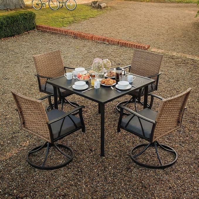 5-Piece Patio Dining Set for 4，Outdoor Dining Set with Wicker Swivel Patio Dining Chairs with Cushions & 1 Black Square Woodgrain Dining Table with 1.75”Market Umbrella Hole, Black & Brown