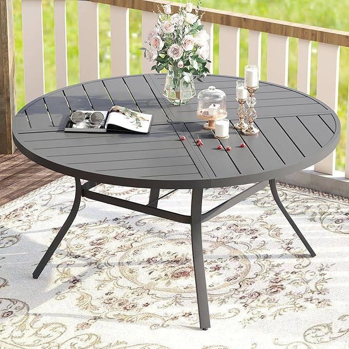 VICLLAX Round Patio Table with Adjustable Umbrella Hole for 8, All Weather Metal Outdoor Dining Table for Lawn Garden, 53.1" Outdoor Coffee Table, Grey Tabletop