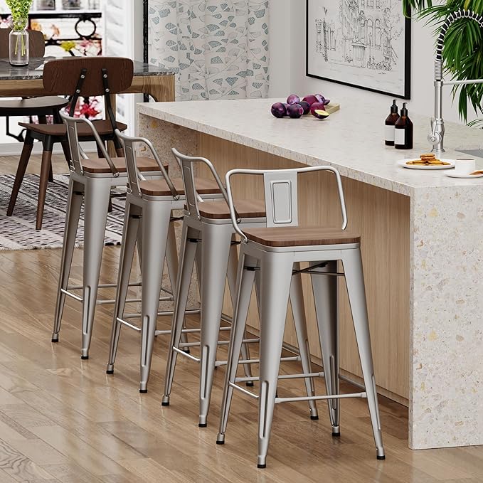 Yongchuang 26" Metal Barstools Set of 4 Low Back Bar Stool Counter Height Bar Stools with Wooden Top Silver