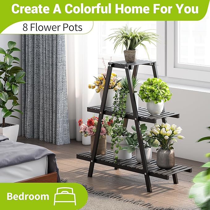 BMOSU Plant Stand Bamboo for Indoor Outdoor Tiered Plant Shelf 8 Potted Flower Holder Ladder Rack Garden Balcony Living Room Patio(3 Tier Black)