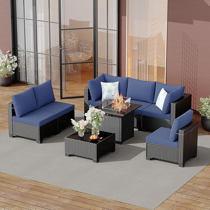 8 Piece Patio Furniture Set with Fire Pit Table, Wicker Outdoor Sectional Sofa, Conversation Set for Backyard, Garden, Deck (Coffee/Blue)