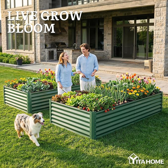 YITAHOME 8x4x1.5ft 2pcs Large Raised Garden Bed Kit, Galvanized Metal Planter Box with Gloves, Ground Nails & Safety Rubber, Outdoor Above Ground Planters for Plants Vegetables Flowers, Green