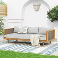 Merax 67.5" Outdoor Patio Daybed 3 Seater Sofa Bed,Acacia Wood Frame with Rattan Arm,Cushion & Pillow for Pool