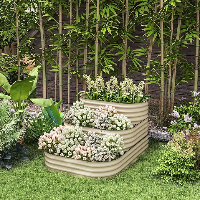 Outsunny 3-Tier Galvanized Steel Raised Garden Bed Kit, 62.25" x 43" x 32.25", 3 Combining Planter Boxes with Rubber Strip Edging, Open Bottom for Backyard, Garden, Patio, Cream White