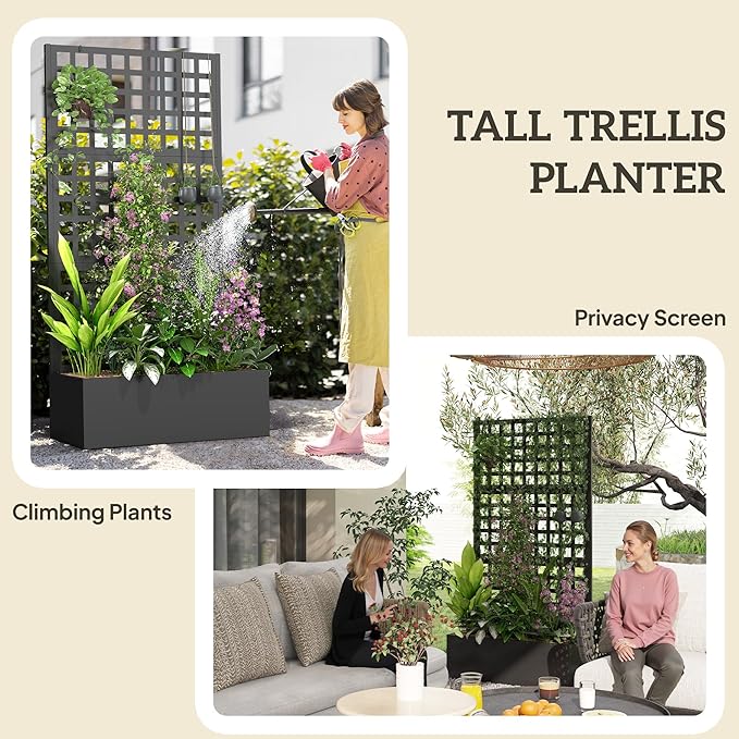 Outsunny Galvanized Raised Garden Bed with Trellis, Metal Planter Box with Drainage Holes, Outdoor Privacy Screen for Climbing Plants, Vegetable, Vines, 35" x 16" x 70", 2 Pack, Black