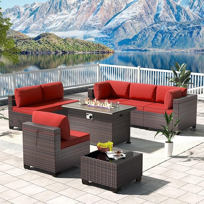Kullavik 8 Pieces Outdoor Patio Furniture Set with 43" 55000BTU Gas Propane Fire Pit Table PE Wicker Rattan Sectional Sofa Patio Conversation Sets,Red