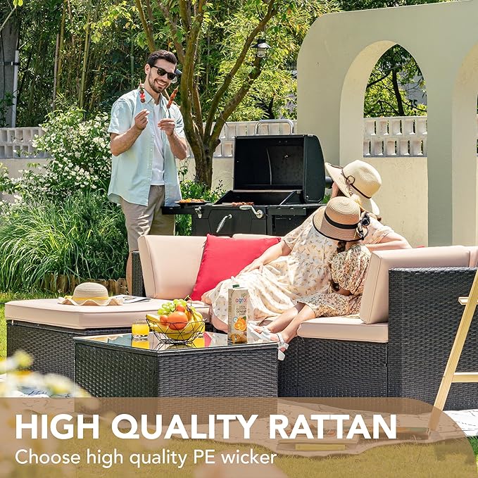 Devoko 5 Pieces Patio Furniture Sets All Weather Outdoor Sectional Patio Sofa Manual Weaving Wicker Rattan Patio Seating Sofas with Cushion and Glass Table (Beige)