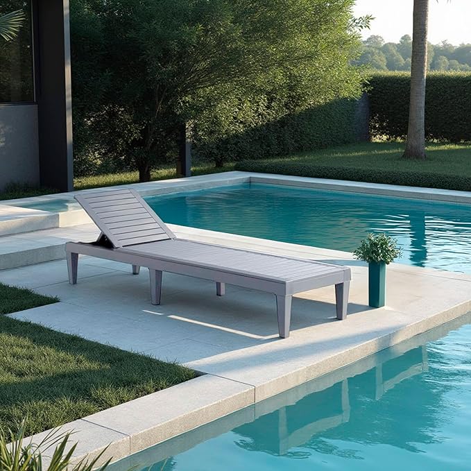 Nestl Patio Chairs - Grey Chaise Lounge Chair Outdoor, 5-Position Adjustable Sun Tanning Chair, Waterproof Pool Lounge Chairs, Reclining Lawn Chair, Lightweight Outdoor Lounge Chairs