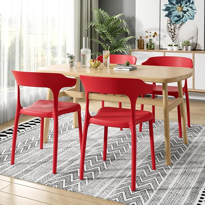VECELO 4 Pack Plastic Stacking Chairs, Stackable Dining Chairs for Kitchen Restaurant Patio, Portable Indoor Outdoor Use, No Assembly Required, Red