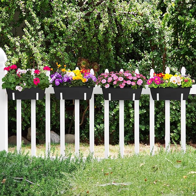 OYEAL 4 Pack Railing Planter Box Outdoor Hanging Balcony Planters 17 Inch Window Boxes Planter with Adjustable Brackets Plastic Flower Pots for Garden Deck Porch Railing Balcony Fence, Black & White