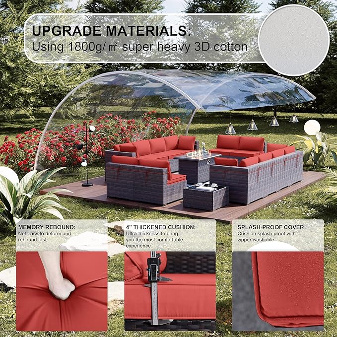 Kullavik 15 Pieces Outdoor Patio Furniture Set with 43" 55000BTU Gas Propane Fire Pit Table PE Wicker Rattan Sectional Sofa Patio Conversation Sets,Red