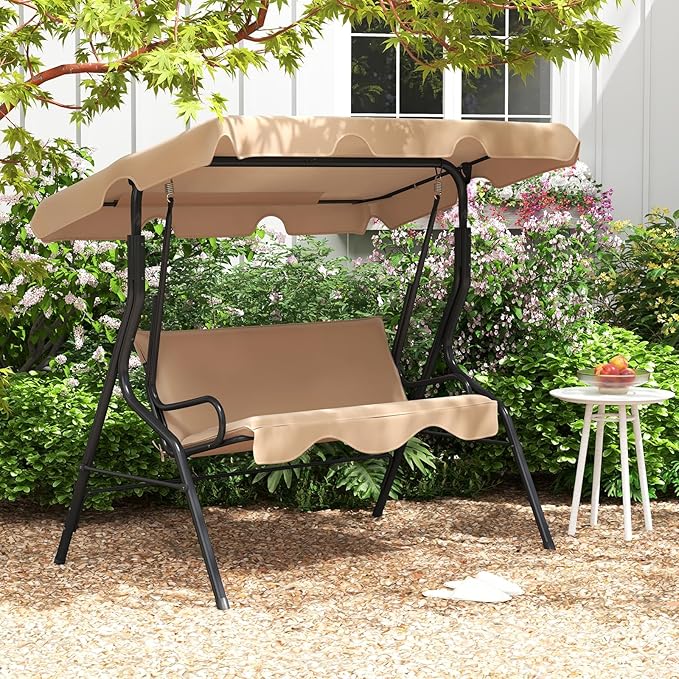 Tangkula 3 Person Porch Swing, Patio Swing with Removable Cushion & Powder-Coated Steel Frame, Outdoor Swing with Canopy for Porch, Backyard, Garden, Balcony (Beige)
