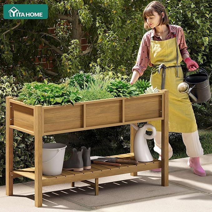 YITAHOME Raised Garden Bed Outdoor HDPE with Shelf, 48x18x30in Poly-Wood Weather-Resistant Elevated Planter Box with Legs for Vegetable Flower, Herb Garden Bed for Backyard Balcony Garden, Brown
