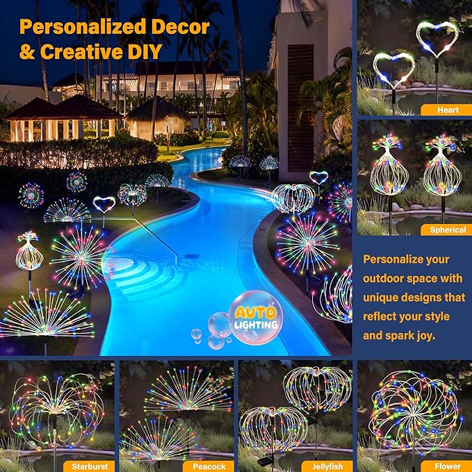 Solar Garden Lights Outdoor Decorative, 6pack 120 LED Firework Lights Waterproof，Solar Fairy Lights for Outside,Garden,Yard, Patio,Pathway,Flowerbed,Party(Multicolor)